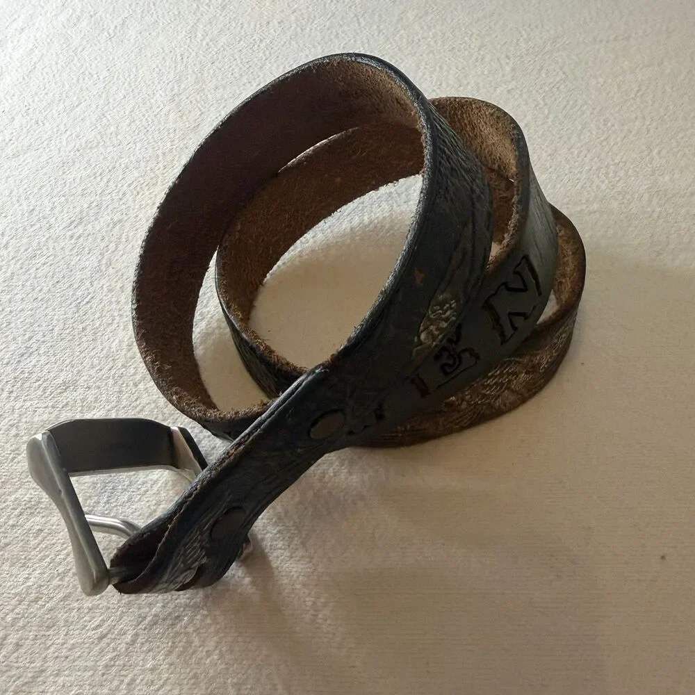 Steven Tooled Brown Leather Belt with Silver Buckle 1 1/8” W X 36 1/4” L